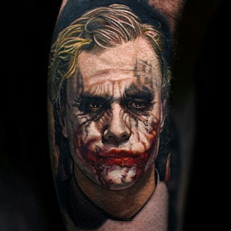 Joker Heath Ledger Tattoo Realis, Extreme Tattoos, Superhero Tattoos, Joker Tattoos, Nikko Hurtado, Tatoo 3d, Bodysuit Tattoos, Joker Tattoo Design, Der Joker