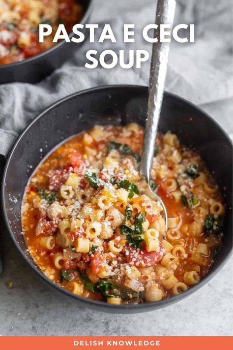 Pasta e Ceci Soup - Delish Knowledge Weeknight Soup, Pasta With Chickpeas, Pasta Fagioli Recipe, Italian Diet, Ditalini Pasta, Vegan Parmesan Cheese, Healthy Pasta, Italian Soup, Red Lentil Soup