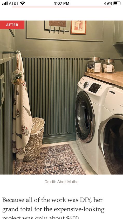 Green Laundry Room, Laundry Room Redo, Hanna House, Laundry Room Wall, Green Laundry, Gold Faucet, Picture Molding, Above The Sink, Builder Grade