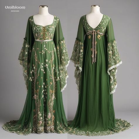 Elven fairy dress made for inspiration with ai #elvendress #fairydress #forestcore #forestwedding #celtic #weddingdress Womens Elven Costume, Irish Inspired Dress, Green Elven Gown, Celtic Formal Dress, Elven Dresses Fantasy Elves, Lord Of The Rings Dress Elves, Lotr Dresses Elves, Green Celtic Dress, Tyrell Aesthetic Dress