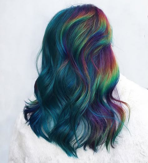 The Rainbow Hair Artist (@therainbowhairartist) • Instagram photos and videos Peekaboo Pixie Hair, Hair Artist Aesthetic, Rainbow Balayage, Northern Lights Hair, Dark Rainbow Hair Color, Dark Rainbow Hair, Rainbow Hair Color Ideas, Blue Rainbow Hair, Witchy Hair Color