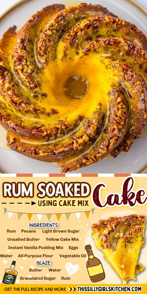 If you’re looking for a dessert that brings a little extra joy to the table, this Rum Soaked Cake is the perfect choice. A moist and flavorful cake is soaked in a rich rum glaze that makes every bite melt in your mouth. With crunchy pecans on top and a bold rum flavor throughout, it’s a holiday dessert that everyone will love. The aroma of vanilla extract and dark rum fills the air, making your kitchen smell like a fancy bakery. Soaked Cake Recipe, Spiced Rum Cake, Rum Soaked Cake, Rum Cake Recipe Easy, Soaked Cake, Carrot Cake Loaf Recipe, Italian Rum Cake, Fancy Bakery, Rum Cake Recipe