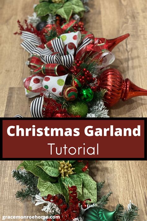 Learn to Make a Beautiful Christmas Garland for Your Mantle or Door! Christmas Mesh Garland Front Doors, Diy Christmas Garland With Ornaments, Diy Lighted Garland Christmas, Making A Christmas Swag, How To Make A Christmas Swag Tutorials, Christmas Door Swags Diy Deco Mesh, Making Garland Christmas, Diy Door Garland Christmas, How To Make A Christmas Swag