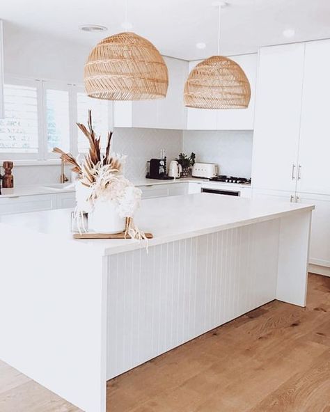 Kitchen Island Benches Ideas, White Vj Panelling, Classic Hamptons Kitchen, Island Bench Styling, Kitchen Design Island Bench, Modern Shaker Kitchen Design, Influencer Kitchen, V Groove Kitchen, Island Bench Ideas