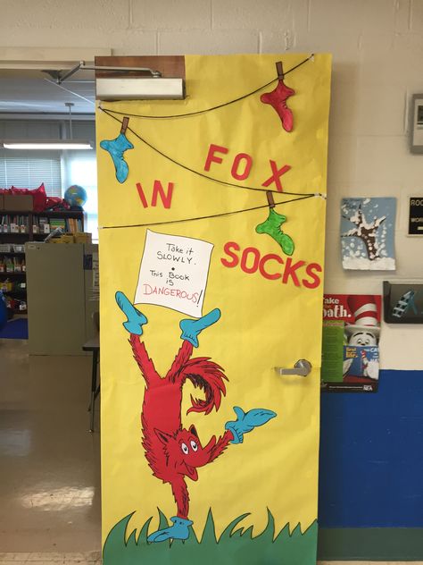 Fox in Socks classroom door Fox In Socks Door Decoration, Dr Seuss Bulletin Board Ideas, Free Schedule Cards, Dr Seuss Bulletin Board, Dr Seuss Preschool Activities, March Preschool, Dr Seuss Coloring Pages, Dr Seuss Preschool, Fox In Socks