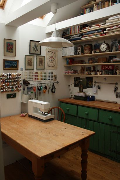 studio 1 Inspiring Desk Space, Art And Sewing Studio, Sewing Studio Inspiration, Fabric Studio Design, Tidy Craft Room, Sewing Wall Storage, Green Sewing Room, Functional Craft Room, Textile Studio Space