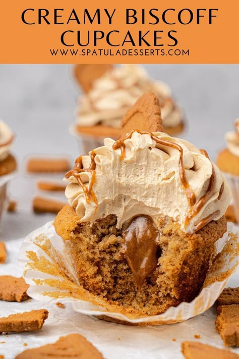 Moist and creamy Biscoff cupcakes Desserts With Lotus Biscoff, Lotus Biscoff Cupcakes, Biscoff Cupcakes Recipe, Biscoff Bites, Biscoff Ganache, Lotus Biscoff Recipes, Biscoff Muffins, Cookie Butter Cupcakes, Biscoff Cake Recipe