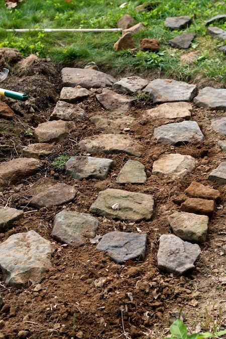 building rock pathways in the garden with rocks already in yard Rock Stepping Stones Pathways, River Rock Pathway Diy Stone Walkways, Flat Rock Pathway, How To Make A Stone Pathway, Irregular Stone Pathway, Bark Pathway Garden Paths, Rock Walkway, Cobblestone Patio, Rock Path