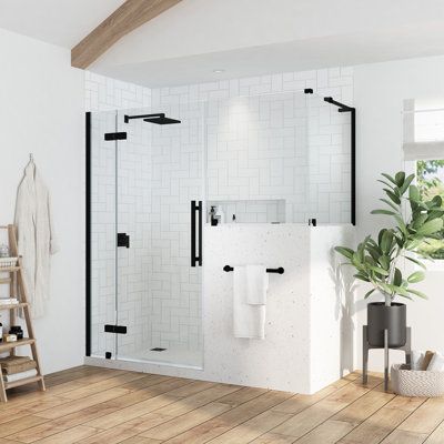 This shower kit with buttress panel features a fixed panel hinge system, offering an industrial-inspired look that will complement any space. It comes with premium quality oversized hardware complete with a Satin Nickel finish, and includes a 10 in. wide fixed panel, a 24 in. wide door panel, a 24 in. wide buttress inline panel, a 30 in. wide buttress side panel, ideal for a Buttress Corner installation. All panels are made from Premium 8mm (5/16") thick certified tempered glass. Frame Finish: Shower Buttress Wall, Toilet Privacy Screen Bathroom, Shower Remodel Half Wall, Cottage Primary Bathroom, Walk In Shower With Half Wall And Glass Door, Walk In Shower With Double Shower Heads, Glass Shower Doors Frameless Half Walls, Half Shower Glass Door, Modern White Bathroom Design