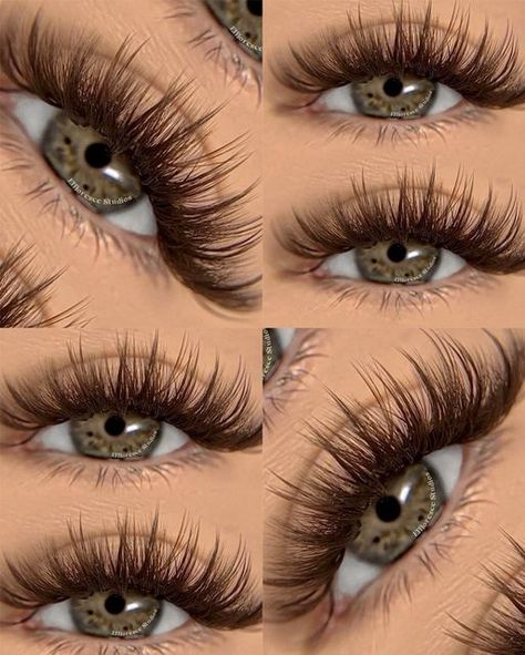 Brown And Black Lashes Extensions, Burgundy Lash Extensions, Whisky Eyelashes, Wispy Eyelash Extensions With Spikes, Brown Wispy Lashes, Light Brown Eyelash Extensions, Brown And Black Eyelash Extensions, Brown Lash Set, Brown Cat Eye Lash Extensions