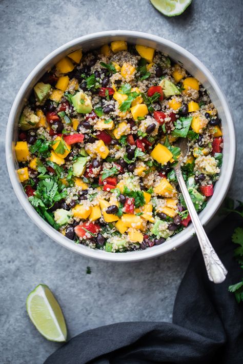 This healthy mango black bean quinoa salad with avocado will be your favorite easy lunch or summer salad to bring to parties. Dressed with a yummy honey chipotle lime dressing for vibrant, bright flavor. It stays good in the fridge for days and can be made ahead of time. Chipotle Lime Dressing, Quinoa Salad With Avocado, Black Bean Quinoa Salad, Bean Quinoa Salad, Butternut Squash Black Bean, Bean Quinoa, Chicken Quinoa Salad, Chipotle Dressing, Black Bean Quinoa