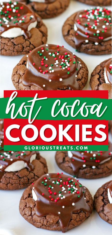 Hot Cocoa Cookies, Christmas cookies, Christmas desserts Hot Chocolate Cookie Recipes, Marshmallow Fudge, Chocolate Marshmallow Cookies, Chocolate Christmas Cookies, Cookie Contest, Baking Contest, Hot Cocoa Cookies, Fudge Cookies, Hot Chocolate Cookies