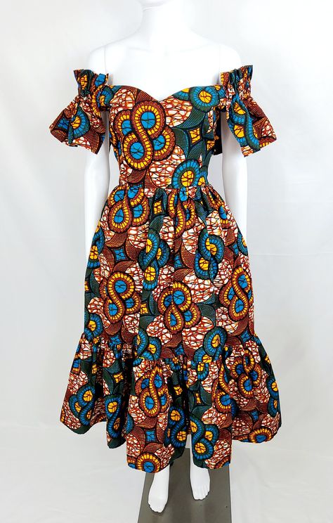 This stunning African Print Women midi Dress is a must-have for anyone looking to add some style to their wardrobe. The dress boasts a beautiful geometric pattern and features an off-the-shoulder neckline and Ruffles sleeves for a chic touch. The zipper closure adds convenience, while the ruffle accents give it a playful flair. Perfect for any occasion, this dress is suitable for travel, weddings, holy communions, parties, and casual wear. It's made from a soft and comfortable blend of polyester Chitenje Dresses For Women, Chitenje Styles For Women, Flair Dresses African, Ankara Flair Dress Styles, African Wear Dresses For Wedding, Wax Style African Fashion, African Clothing Styles For Wedding, Chitenje Styles, African Dress Patterns