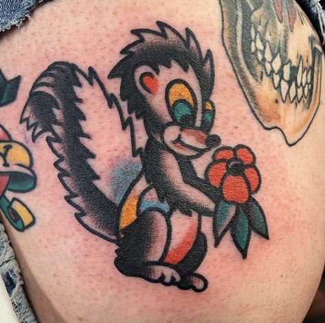 Traditional Skunk Tattoo, Skunk Tattoo, Traditional Back Tattoo, Wild Rose Tattoo, Wildlife Tattoo, Empire Tattoo, Traditional Ink, Traditional Tattoo Art, Awesome Tattoos