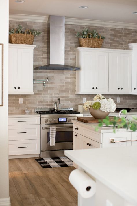 Brick Kitchen Backsplash, Refacing Kitchen Cabinets, Brick Kitchen, New Kitchen Cabinets, Kitchen Hardware, Kitchen Remodel Idea, Kitchen Makeover, White Cabinets, Kitchen Style