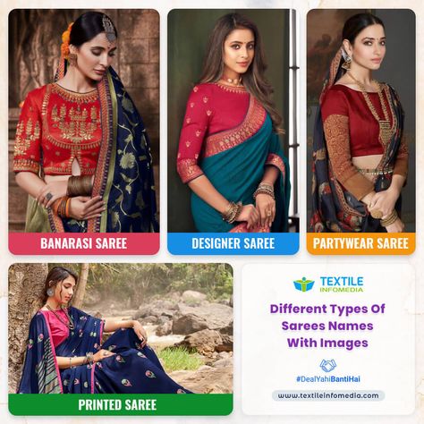 List of 113 Different Types of Sarees Used in Indian Fashion Market | Various Sarees Names List with Best Uses and Images Types Of Sarees Names List, Sarees Names, Different Types Of Sarees, Types Of Saree, Saree Boutique, Boutique Names, Of Sarees, Fashion Marketing, Banarasi Sarees