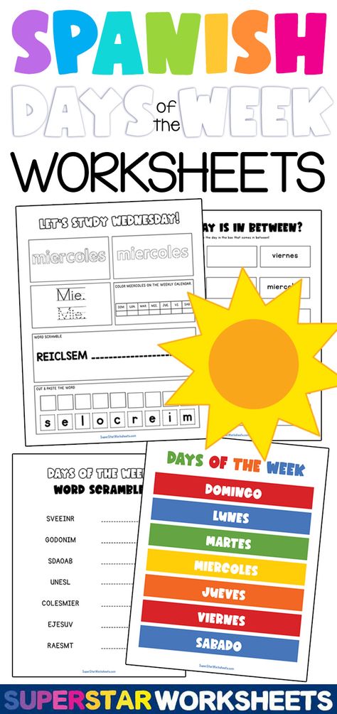 Beginner Spanish Worksheets, Spanish Days Of The Week, Preschool Spanish Lessons, Superstar Worksheets, Beginner Spanish Lessons, Free Spanish Lessons, Spanish Printables, Learning Websites For Kids, Spanish Learning Activities