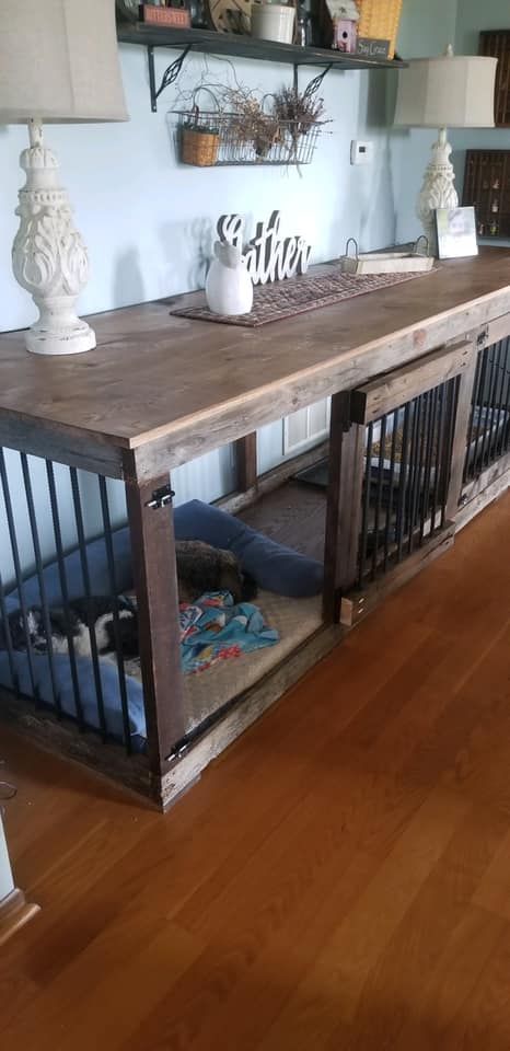 Table With Dog Bed Underneath, Table With Dog Crate Under, Dog Crate Behind Couch, Dogs Bedroom, Dog Bedroom, Dog Table, Dog Spaces, Behind Couch, Dog Room