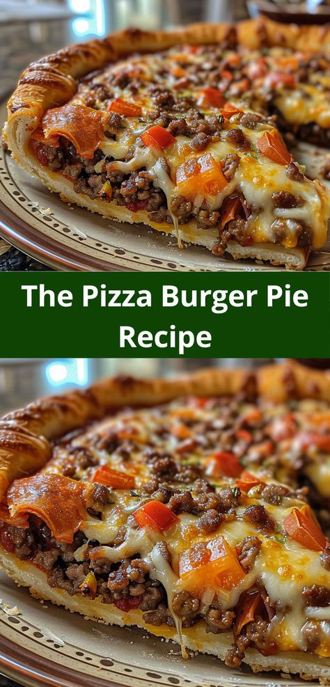 Delicious pizza burger pie - a quick and easy dish for a satisfying meal! Burger Pie Recipe, Pizza Burger Pie, Cheese Burger Pizza, Pizza Burgers Recipe, Burger Pizza, Pizza Burger, Calzone Pizza, Pizza Burgers, Savory Tart