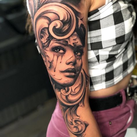 Womans Portrait, The Best Tattoos, Best Tattoos, Realism Tattoo, Carving Designs, Portrait Artist, Black And Grey Tattoos, Arm Tattoo, Sleeve Tattoos