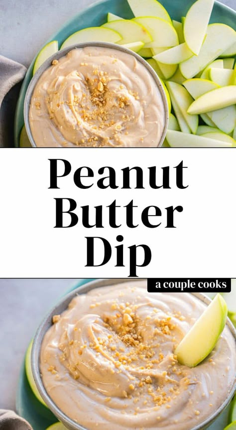 Wow, do people love this one! This healthy peanut butter dip is just 4 ingredients and tastes like frosting! Perfect for dipping apples, pretzels or fruit. #apple #peanutbutter #dip #healthy #snack #lunch #mealprep Green Apple And Peanut Butter, Green Apple Snacks, Green Apple Recipes Healthy, Quick Snacks For Kids, Yogurt Fruit Dip, Dip Healthy, Pumpkin Yogurt, Peanut Butter Dip, Winter Salad Recipes