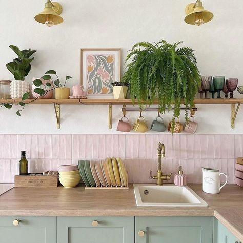 Inlove with this color combo - pink and green 💗💚 What are your thoughts? ✨ kitchen and photos by @takinada . . . . . . . . . . . #kitchendesign #kitchenware #kitcheninspiration #springkitchen #kitcheninspo #kreatecube #eclecticdecor #minimalstyle #minimaliststyle #myhomevibe #myhomestyle #cozyhome #cozykitchen Pastel Kitchen Decor, Green Room Decor, Victorian House Interiors, Green Kitchen Decor, Hello Charlotte, Colourful Kitchen, Colorful Kitchen Decor, Pastel Kitchen, Green Apartment