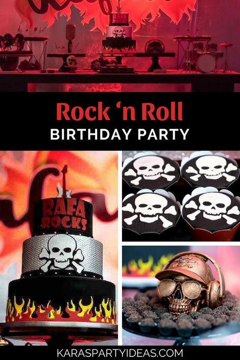 Rock ‘n Roll Birthday Party via Kara's Party Ideas - KarasPartyIdeas.com Rock And Roll Party Ideas For Adults, Rock And Roll 40th Birthday Party, Rock And Roll Party Ideas, Nirvana Birthday, Rock Party Ideas, Rock N Roll Party Ideas, Rockstar Party Ideas, Rock Roll Decor, Rock N Roll Birthday Party