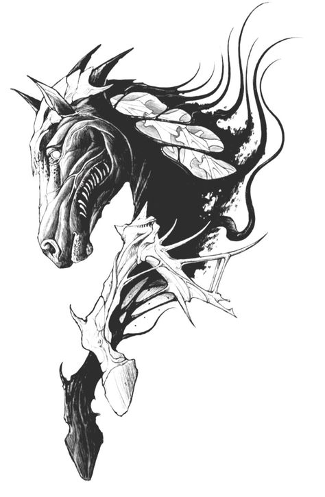 Undead Horse Tattoo, Evil Horse Tattoo, Demon Horse Tattoo, Skeleton Horse Tattoo, Horse Skeleton Tattoo, Horse Skull Tattoo, Dark Horse Tattoo, Demon Horse, Horse Tattoo Design