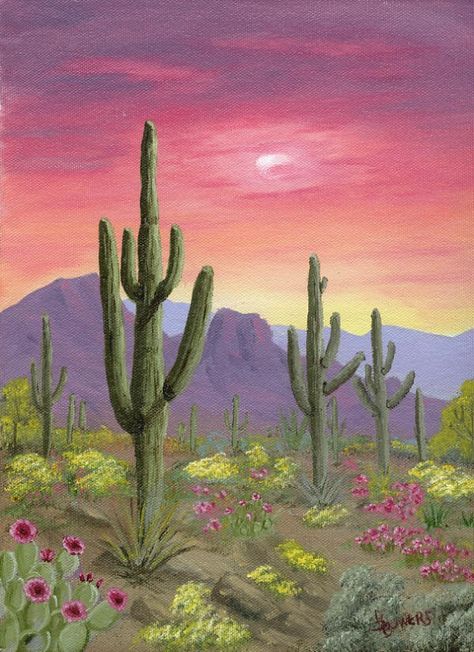 Arizona Desert Painting, Desert Painting Ideas, Simple Desert Painting, Aesthetic Landscape Painting, Desert Sunset Painting, Southwest Paintings, Arizona Painting, Cactus Paintings, Arizona Landscape