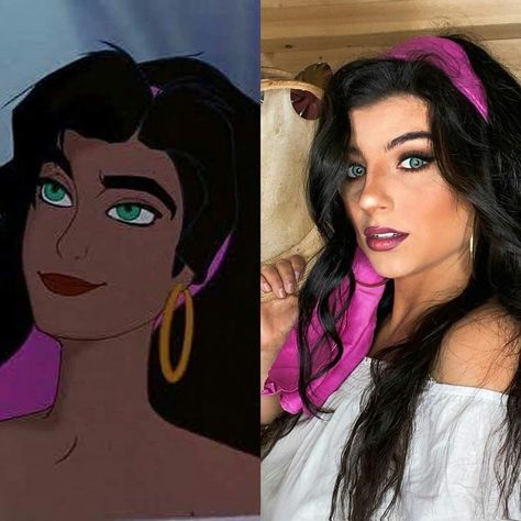 Esmeralda Makeup Disney, Brunette Cosplay Characters, Brunette Disney Characters, Brunette Hair Halloween Costume, Anime Makeup Aesthetic, Esmeralda Makeup, Brunette Characters Costumes, Brunette Cosplay, Brunette Cartoon Characters