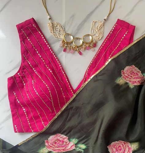 Rani pink sequence blouse Rani Blouse Design, Latest Trendy Blouse Designs For Silk Saree, Rani Pink Blouse Designs, Rani Pink Saree Contrast Blouse, Rani Pink Blouse, Striped Blouse Designs, Choli Blouse Design, Pink Blouse Designs, Fashionable Saree