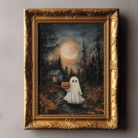 🎃👻 Embrace the Halloween Magic! 🌕🌲 This whimsical painting of a cute ghost holding a Jack-o'-lantern in a moonlit forest captures the perfect blend of spooky and sweet. 🖼️ Add a touch of Halloween charm to your home with this delightful artwork, perfect for the season of ghosts and pumpkins! 🌟 Available now! Limited stock—link in bio! #HalloweenArt #GhostWithPumpkin #SpookyCute #HalloweenDecor #MoonlitForest #AutumnWallArt #WhimsicalHalloween #GhostArt #HalloweenNightScene #CuteGhostArt Antique Ghost Painting, Ghost Portrait Painting, Adding Ghosts To Old Paintings, Ghost Canvas Painting, Halloween Ghost Painting, Ghosts Painting, Ghost Portrait, Horror Crafts, Ghosts And Pumpkins