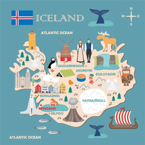 7,656 Iceland Illustrations, Royalty-Free Vector Graphics & Clip Art - iStock Map Of Iceland, Iceland Map, The Ancient Magus Bride, Travel Greece, Vintage Poster Design, Greece Islands, Travel Illustration, Iceland Travel, Illustrated Map