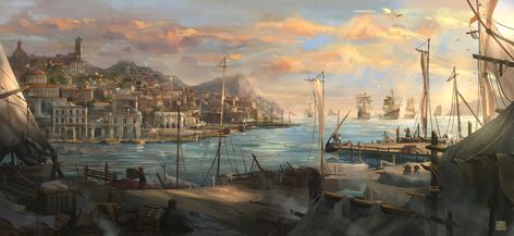 Thriving Merchant Town Carribean Port by Cristian  Chihaia #digitalart #digitalartist #digitalpainting #digitalillustration #art #artwork #conceptdesign Asoiaf Castles, Bg3 Gale, Pirate Vibes, Vila Medieval, Sea Port, Port City, Fantasy City, Fantasy Places, Fantasy Art Landscapes