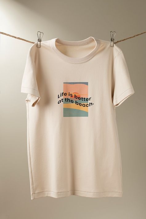 T-shirt Photography, Beach Tshirt, Beige T Shirt, Beige T Shirts, Shirt Design Inspiration, Clothing Mockup, Beach T Shirts, Positive Quote, T Shirt Mockup