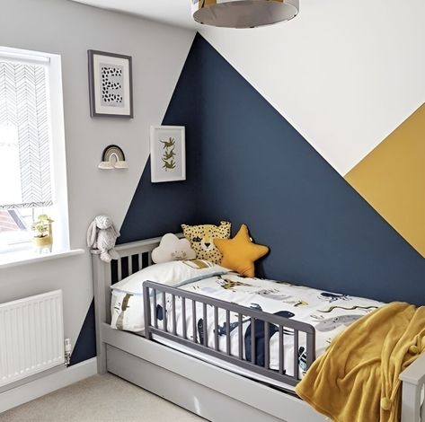 Split Room Paint Ideas, Accent Wall Diagonal, Boy Room Colors Paint, Blue Boys Bedroom Paint, Boys Yellow Bedroom, Wall Painting Ideas Bedroom Boys, One Wall Painted Bedroom, Toddler Boy Room Paint Ideas, Boys Accent Wall Ideas