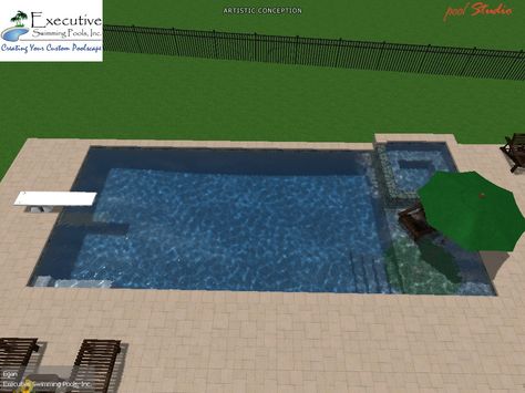 Custom Pool Design - Rectangular with square spa & diving board Square Pool, Rectangle Pool, Diving Pool, Diving Board, Custom Pool, Pool Backyard, Backyard Landscape, Dream Pools, Pools Backyard