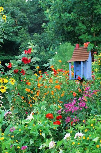 Handmade birdhouse in flower garden, summer Handmade Birdhouses, Garden Birdhouses, Bird Houses Painted, Bird Baths, Garden Pictures, Cottage Gardens, Love Garden, Flower Gardens, Perennial Garden