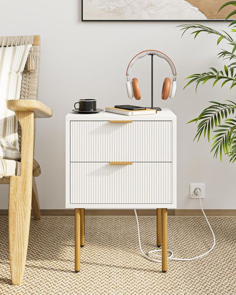 PRICES MAY VARY. Simple Modern Design: Classic white and matte gold combination brings modern fashion to this clean-lined night stand. It is suitable for various styles of home decoration. It can also catch eyes as a side table or end table throughout the home,adding elegance to home life. Spacious Storage Space: This nightstand is small but has a lot of space. The bedside table comes with 2 drawers to tuck away books, diaries, glasses, medicines, or private essentials. The wide top is perfect f Stylish Nightstand, Mid Century Modern Bedside Table, Elegant Nightstand, 2 Drawer Dresser, Bedside Furniture, Mid Century Modern Nightstand, Nightstand With Charging Station, Dresser For Bedroom, Modern Bedside Table