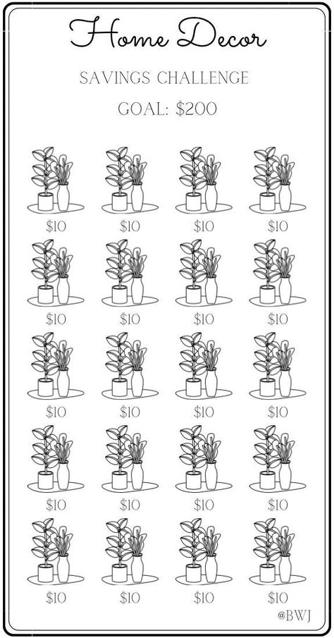 Home Decor Savings Challenge. Thinking about sprucing up your home with new decor? Well this challenge was created for you! Color in or cross of as you cash stuff your envelope. Each icon is worth $10.  Enjoy!  *FREE GIFT INCLUDED Printing Information: *Digital Download  *This is printed on an 8.5 x 11 US letter size paper *Once printed, cut and place inside your A6 envelope *Color will vary depending on ink and printer *Make as many copies as you like or laminate for reuse Disclaimer: This is a PDF Digital Download. No physical product will be mailed to you. Digital Download will be available once payment has been confirmed and purchase has been completed. This printable is for personal use only, not to be copied or resold. There are no refunds, cancellations or exchanges due to the natur Money Challenges, Saving Coins, Saving Money Chart, 200 Dollars, Money Chart, Budget Challenge, Money Saving Methods, Saving Challenges, Money Budget