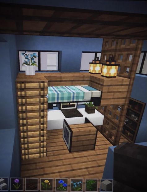 Minecraft Loft Bedroom, Minecraft Loft Bedroom Ideas, Minecraft Loft Bed, Minecraft Loft, Minecraft Bunk Bed, Blue Minecraft, Bed Idea, Bangunan Minecraft, Minecraft Room