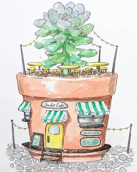 Flowerpot Drawings, Cute Flower Pot Drawing, Teapot House Drawing, Flower Pot Art Drawing, Cute Cafe Drawing, Cute House Drawing, Flower Pot Drawing, Cafe Drawing, Can Drawing