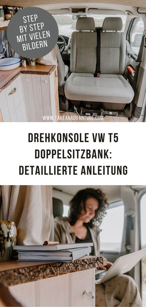 So geht der Einbau einer Drehkonsole für die Doppelsitzbank im VW T5! Ich zeige dir das Modell und wie du es einbauen kannst, außerdem was der TÜV dazu sagt und wie sich die Drehkonsole in meinem Alltag bewährt hat. Du liest, was das alles gekostet hat und welche Werkzeuge du dir zurechtlegen solltest. Mit einer Drehkonsole für die Doppelsitzbank schaffst du mehr Platz in deinem VW T5 Camper. Vw T5 Interior, Vw T5 Camper, Minivan Camping, T5 Camper, Vw Bus Camper, Vw Crafter, Vw T6, Bus Camper, Vw T4