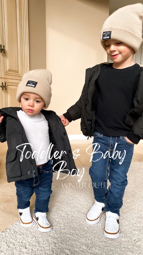 Toddler & baby boy winter outfit inspo, puffer coats, beanie hat, thermal shirt, denim and Nike sneakers Cal Outfits, Boy Spring Outfits, Toddler Boy Winter Outfits, Trendy Toddler Boy Outfits, Baby Boy Spring Outfits, Winter Hat Outfit, Baby Boy Fall Outfits, Japan Autumn, Boys Winter Clothes