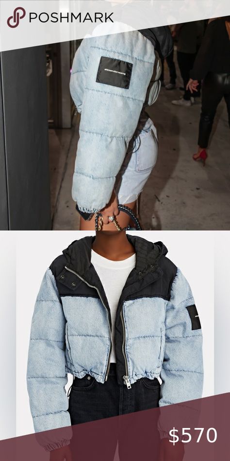 ALEXANDER WANG CROPPED PUFFER JACKET IN DENIM Cropped Puffer Jacket, Jacket Denim, Alexander Wang, Puffer Jacket, Puffer, Alexander, Blazer, Jewelry Watches, Plus Fashion