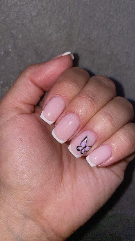 Nails For Ballerina, Acrylic Nail Designs Indie, Bday Nail Inspo Short, Cute Simple Nails Short Square, Cute Short Nails For Birthday, Short Acrylic Nails Butterflies, Simple Nails Butterfly, Short Nail Designs For School, Nail Ideas For Girls Kids