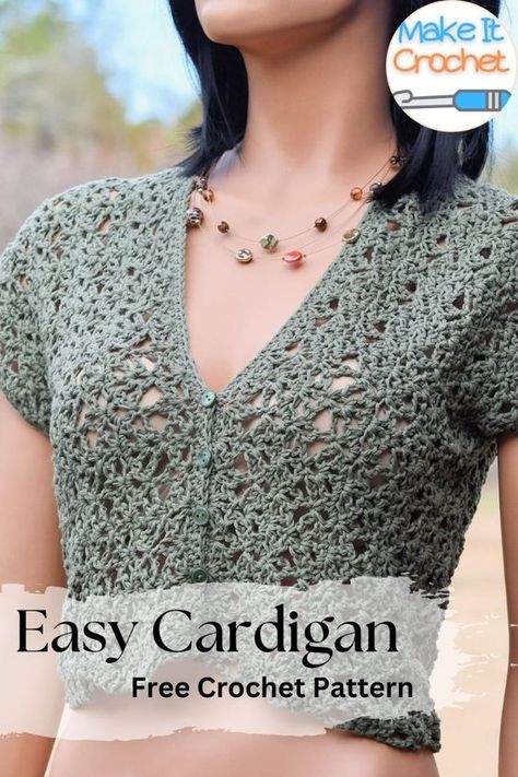 This Easy Button Front Cardigan will surprise you. Make 2 lacy crochet rectangles, add buttons and wear it! Six sizes provided. This pattern is worked from side to side and consists only of two identical rectangles. There is no shaping and is a perfect beginner garment. Crochet Top With Buttons, Crochet Button Top, Crochet Button Up, Crochet Button Up Shirt, Crochet Tanks, Lace Cardigan Pattern, Crochet Blouses, Crochet Cardigan Free, Lacy Crochet