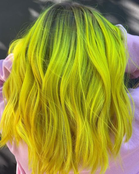 Neon Yellow Hair, Yellow Hair Color, Vivid Hair Color, Root Color, Neon Hair, Grey Roots, Yellow Hair, Hair Colours, Hair Color And Cut