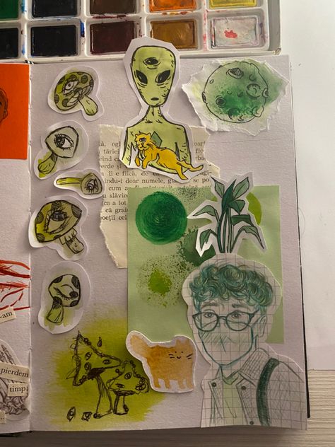 Green Sketchbook Page, Messy Sketchbook Pages, Doodle Alien, Sketch Prompts, Messy Sketchbook, Sketchbook Spreads, Fresh Starts, Mushroom Drawing, Sketchbook Inspo