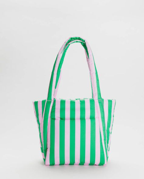 Puffy Mini Tote : Pink Green Awning Stripe - Baggu Baggu Leather, Striped Bag, Easy Bag, Duck Bag, Cloud Bag, Herbivore Botanicals, Spring Travel, Pink Clouds, Paloma Wool